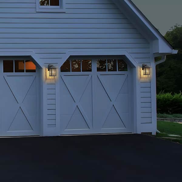 10 in. Powder-Coated Black Dusk to Dawn Hardwired Outdoor Wall Lantern Sconce with Clear Water Glass, No Bulbs Included