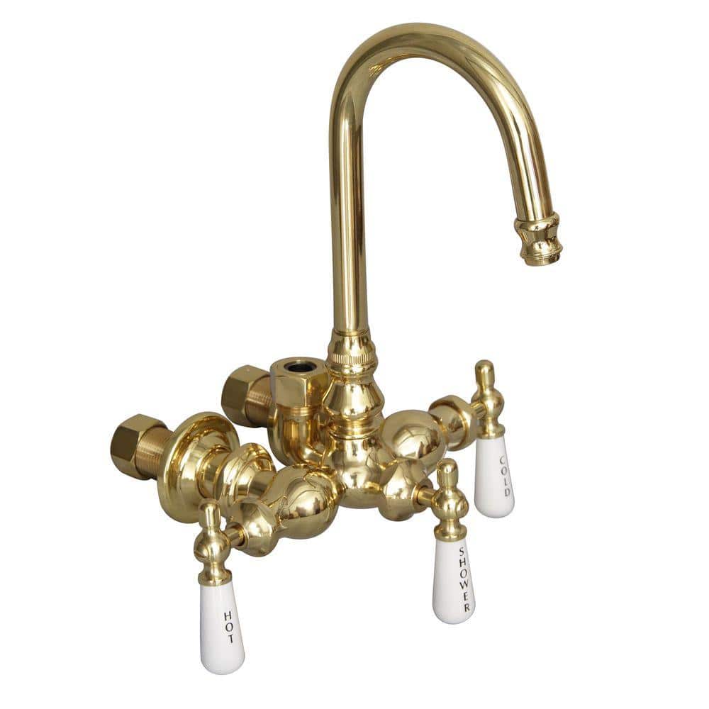 Polished Brass Wall-Mounted Clawfoot Tub Faucet with Porcelain Handles