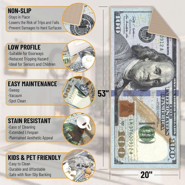 Money Rug For Kitchen 2x4 Runner Rug,100 Bill USA Money Throw Accent Area Rug