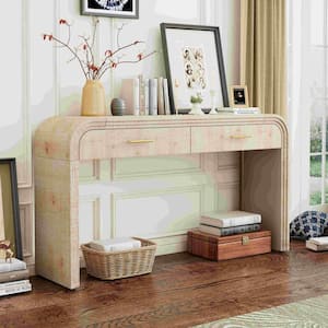 Unique Retro 59.05 in. Natural Wood Wash Rectangle Wood Console Table with Open Style, 2 Top Drawers for Living Room