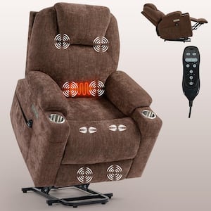 Brown Chenille Fabric Electric Lift Recliner Chairs Power Recliner Chair with USB Port Cup Holder and Storage Pocket