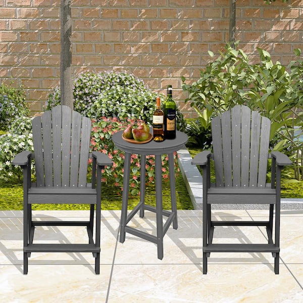 3-Piece Wood Outdoor Bistro Set HIPS Durable Patio Balcony Adirondack Armchair and Bar Height Bistro Table, Gray