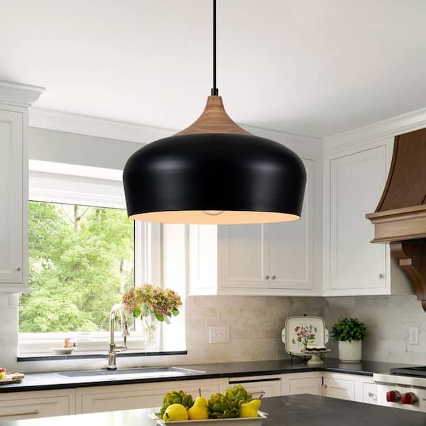 Everett 13.8 in. 1-Light Black Farmhouse Pendant Light with Wood Accents