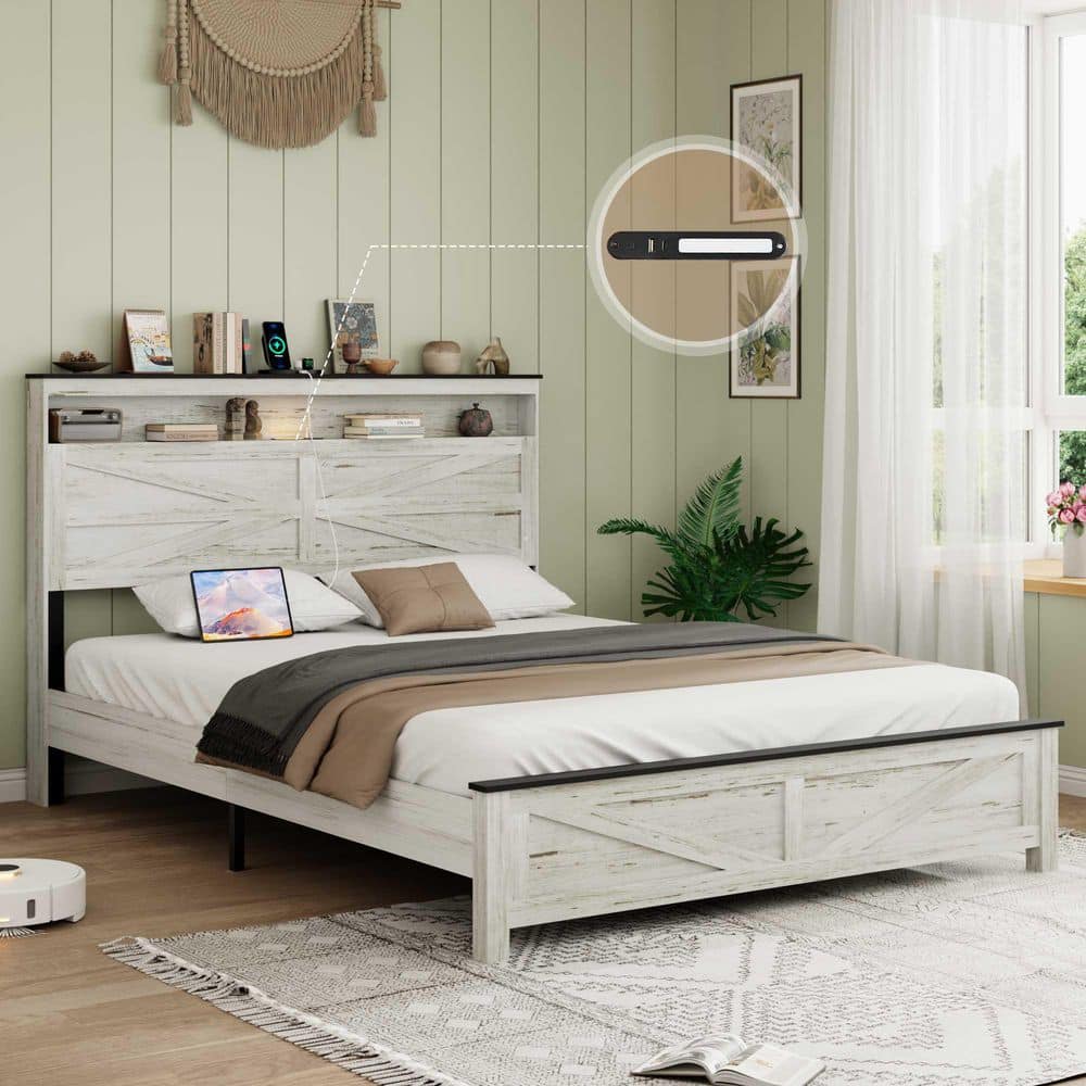 Antique White and Gray Wood+Metal Frame Full Size Platform Bed with USB Port, Hidden Storage, LED Lights price history on PriceWatchPro