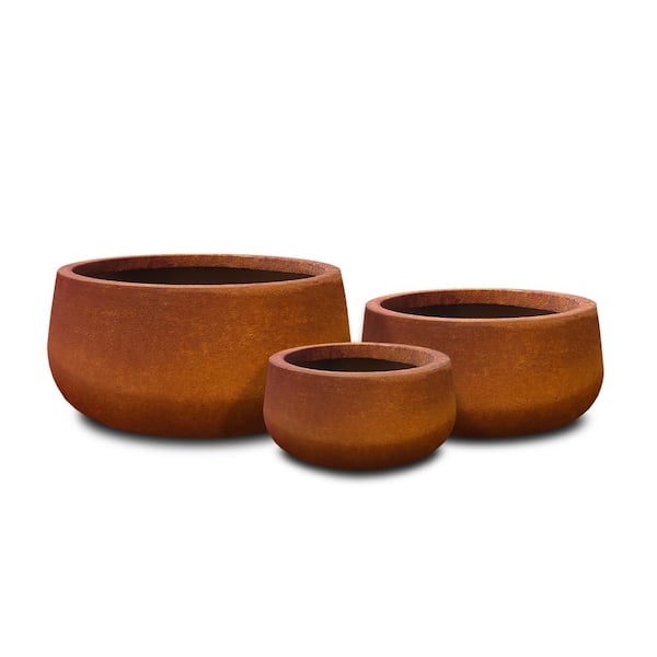 KANTE 19.6 in., 15.7 in. & 11.8 in. W Round Iron Oxide Concrete Elegant Planters Set of 3, Outdoor Indoor w/Drainage Holes