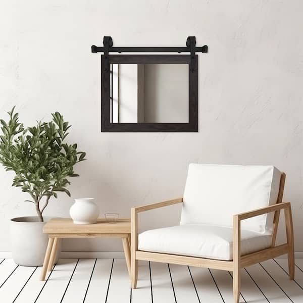 (40 in. W x 33 in. H) Black Walnut Modern Rustic Mirror with Steel Barn Door Rail