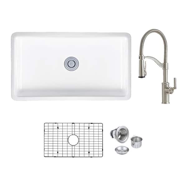 PELHAM & WHITE Kingsbridge Fireclay 32 .5 in. Single Bowl Undermount Kitchen Sink with Farmhouse Faucet, Bottom Grid, Drain