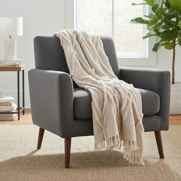 Norah Handmade Beige Boho Farmhouse Sofa Bed All Natural Cotton Throw Blanket with Fringe