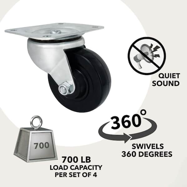 3 in. Black Soft Rubber and Steel Swivel Plate Caster with 175 lbs. Load Rating