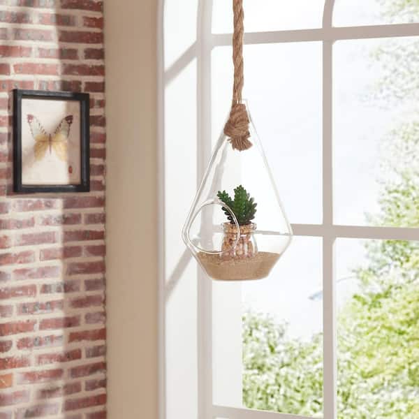 DANYA B 10 in. Diamond Shape Clear Glass Hanging Planter with Rope Decorative Vase