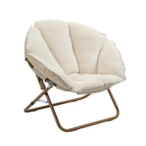 Outdoor White Faux Fur Oversize Folding Saucer Camping Chair with Gold Metal Set of 2
