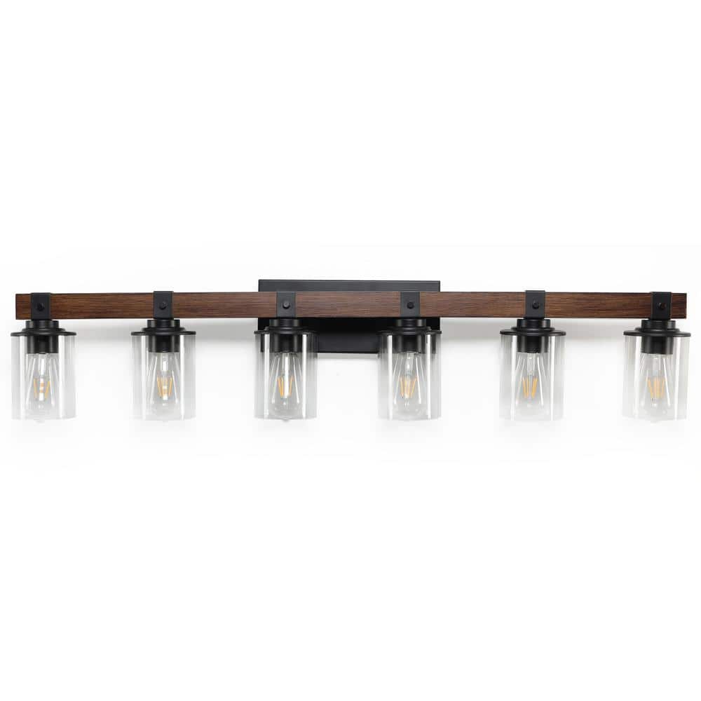 Farmhouse 42.3 in. 6-Light Walnut and Black Bathroom Vanity Light with Glass Shade price history on PriceWatchPro