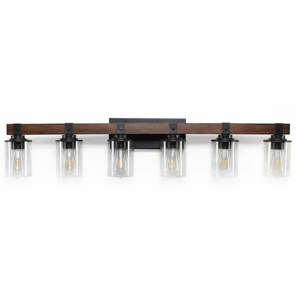 Farmhouse 42.3 in. 6-Light Walnut and Black Bathroom Vanity Light with Glass Shade