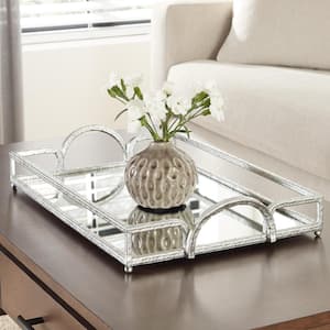 Silver Hammered Metal Decorative Rectangle Mirror Tray