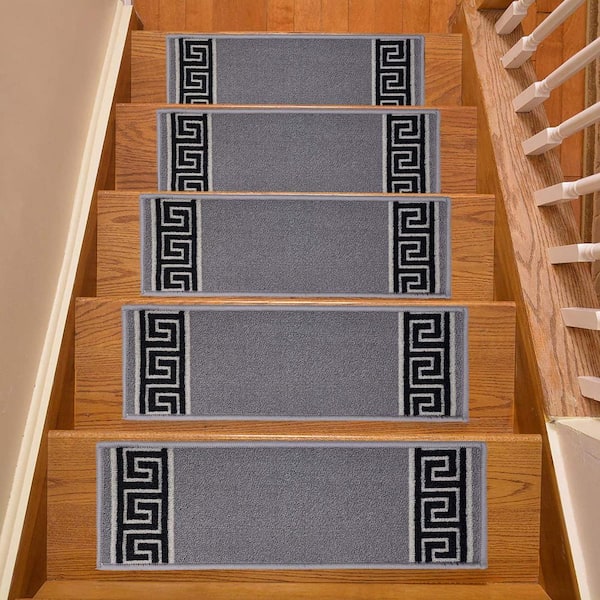 Meander Greek Design Gray 9 in. x 36 in. Stair Treads Cover (Set of 13)