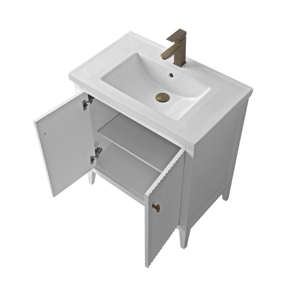 30" White Solid Wood Freestanding Bathroom Vanity with Ceramic Top