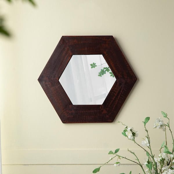 Brown 21.5 in W x 18.5 in. H Farmhose Octagon Wood Framed Mirror Wall Mirror Wall Decor Mirror