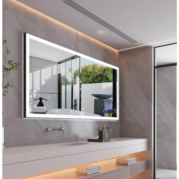 FORCLOVER 84 in. W x 42 in. H Rectangular Framed Anti-Fog Dimmable Wall Mounted LED Bathroom Vanity Mirror in Black