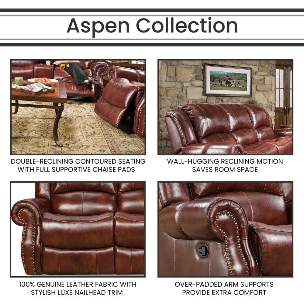 Aspen 93'' Brown Leather Reclining Sofa with Nailhead Trim