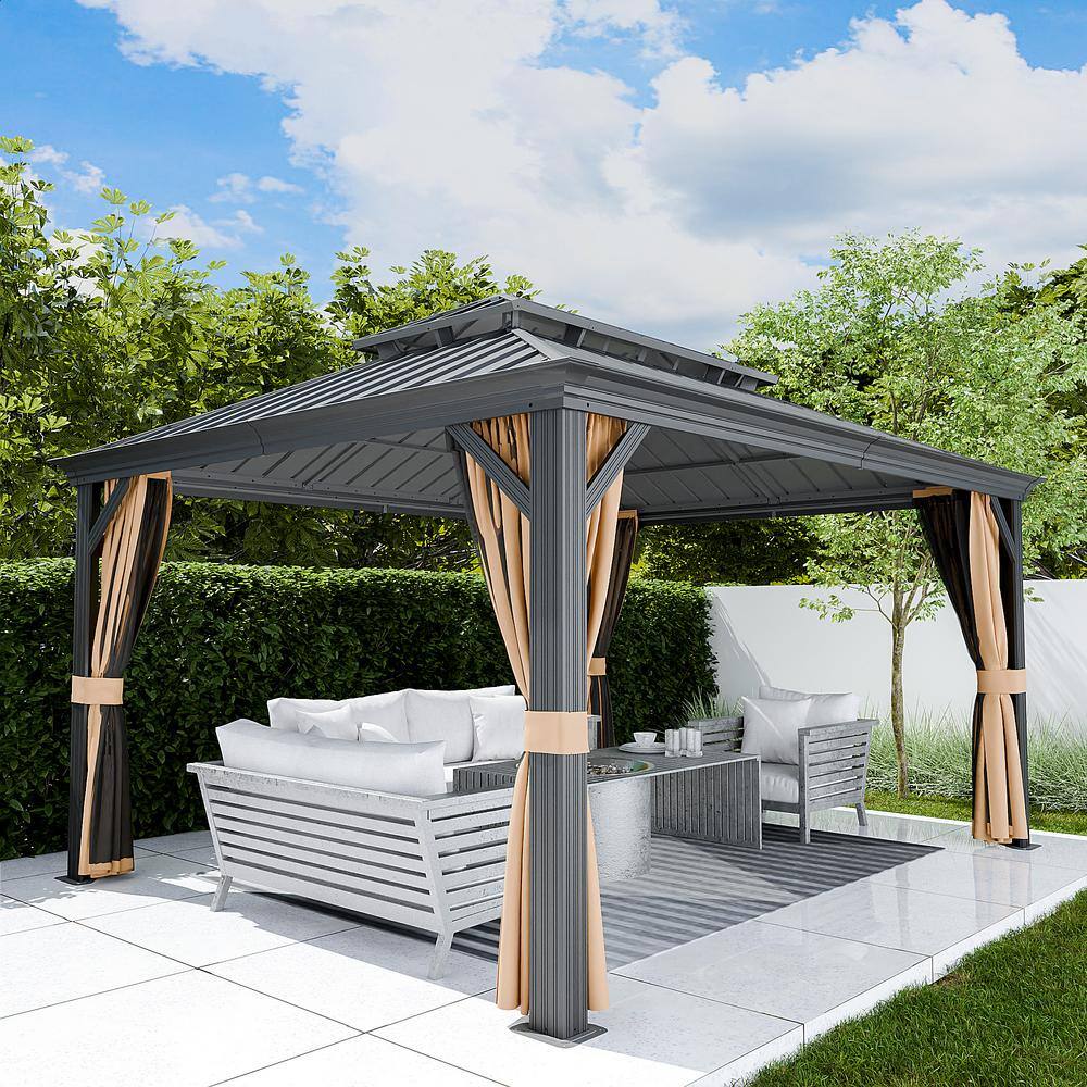 Gray 12x16ft Hardtop Gazebo with Nettings and Curtains