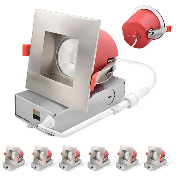 LUXRITE 4" Square Integrated LED Recessed Light J-Box 5CCT 2-Hour Fire Rated 15-Watt 1000 38° Dimmable Wet Brushed Nickel 6-Pack