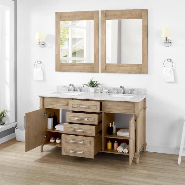 Home Decorators Collection Doveton 60 in. W x 19 in. D x 34 in. H Double Sink Bath Vanity in Weathered Tan with White Engineered Marble Top