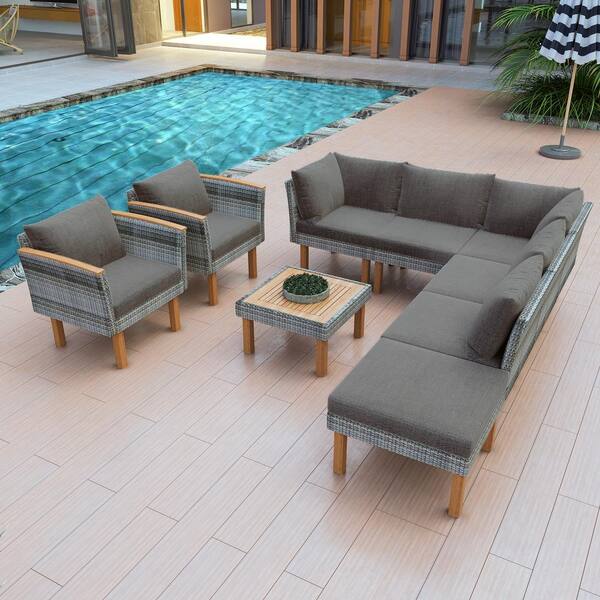 Unbranded Grey 9-Piece Wicker PE Rattan Outdoor Patio Furniture Sectional Set with Dark Grey Cushions and Coffee Table
