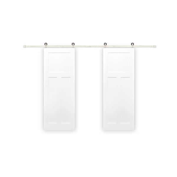 Pacific Entries 60in. x 80in. Bi-Parting Shaker 3-Panel Solid Core Primed Pine Sliding Barn Door with Satin Nickel Hardware Kit