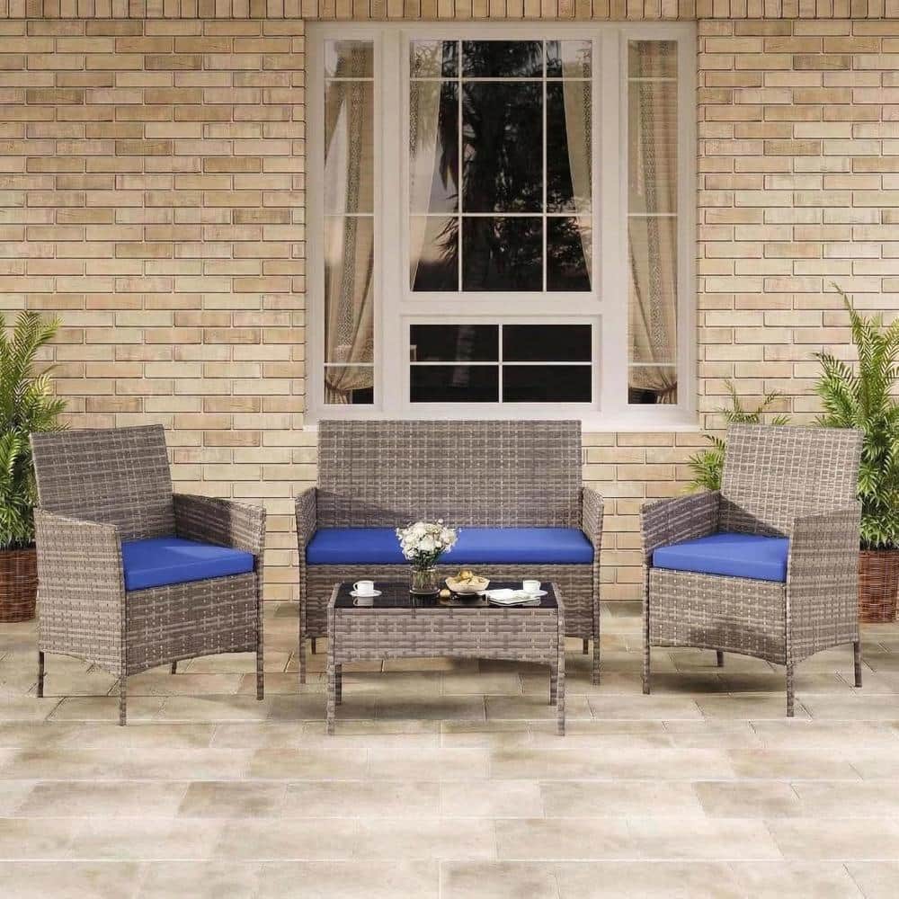 Four-Piece Weather-Resistant Wicker Patio Set, Gray Gradient Rattan and Blue Cushions price history on PriceWatchPro