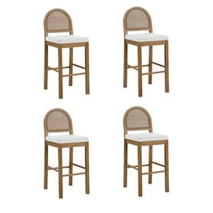 Bailey 29 in. Light Brown Woven Rattan Back and Solid Wood Legs Bar Stool with Cream Boucle Upholstered Seat, Set of 4