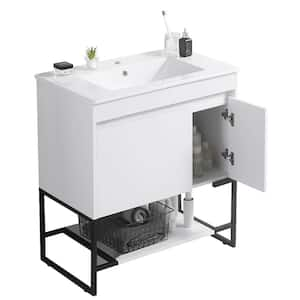 30 in. W x 18 in. D x 33 in. H Single Sink Freestanding Bath Vanity in White with White Ceramic Top, Lower Open Shelves