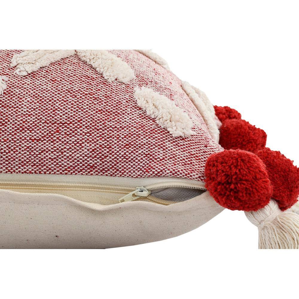 Heute Red and Cream Bohemian Lumbar Pillow with Pom-Poms