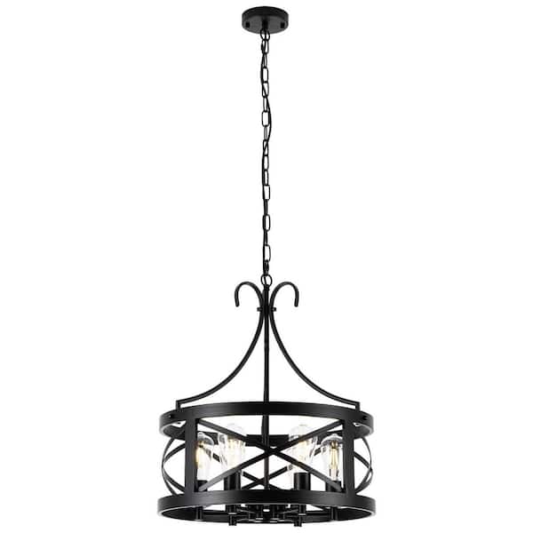 LWYTJO 6-Light Black Industrial Drum Chandelier, Hanging Ceiling Light with Metal Shade