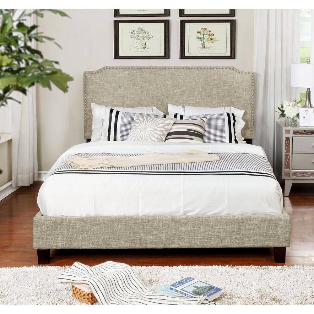 Beige Full Upholstered Linen Panel Bed with Nailhead Trim