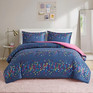 Cora Polyester 3-Pcs Navy Full/Queen Rainbow Iridescent Metallic Dot Comforter Set