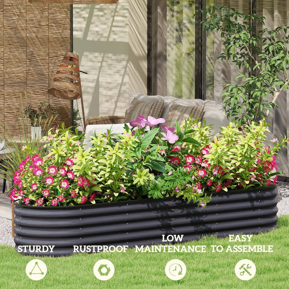 Dark Gray Galvanized Steel Raised Garden Bed Kit with Safety Edging