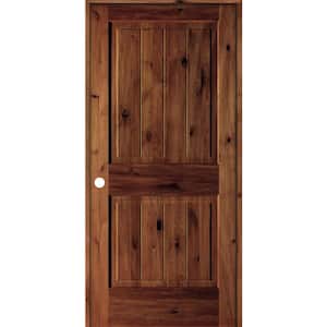 36 in. x 80 in. Knotty Alder 2 Panel Right-Hand Sq. Top V-Groove Red Chestnut Stain Wood Single Prehung Interior Door