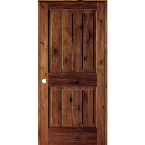 Krosswood Doors 36 in. x 80 in. Knotty Alder 2 Panel Right-Hand Sq. Top V-Groove Red Chestnut Stain Wood Single Prehung Interior Door