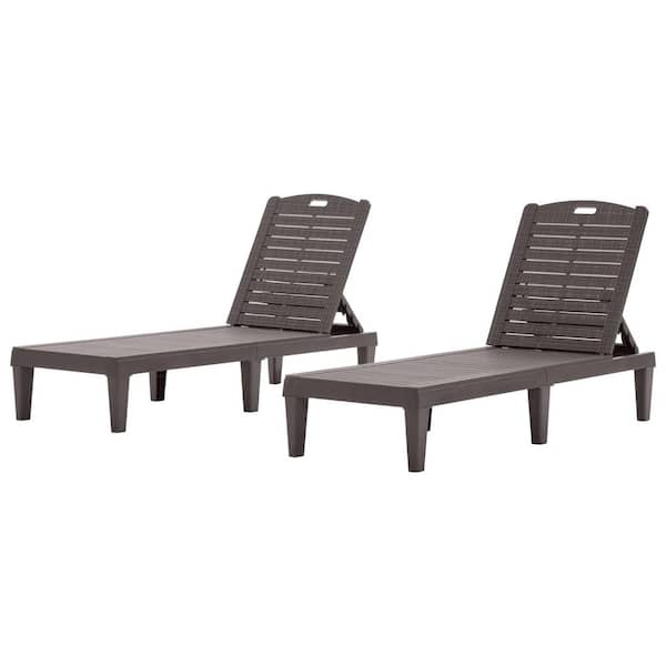 2-Piece Resin Outdoor Chaise Lounges with Adjustable Backrest, Pool Lounge Outdoor Chaise Lounge Chair Set, Dark Brown