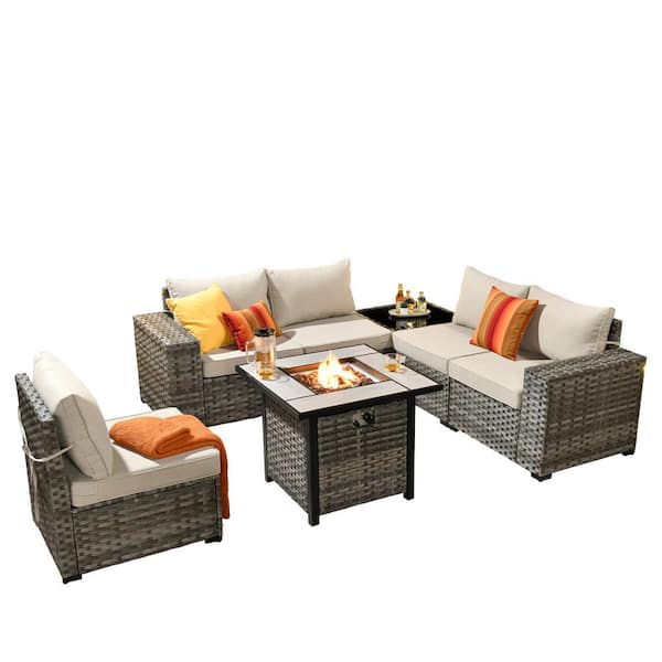 Baldwin Gray 7-Piece Wicker Wide Arm Outdoor Patio Sofa Sectional Set with Square Fire Pit and Beige Cushions
