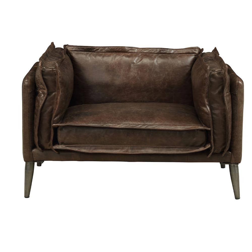 Distressed Brown Leather and Wood Accent Chair