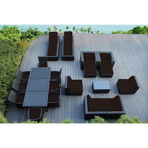 Black 20-Piece Wicker Patio Combo Conversation Set with Supercrylic Brown Cushions