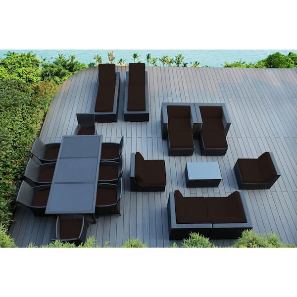 Ohana Depot Black 20-Piece Wicker Patio Combo Conversation Set with Supercrylic Brown Cushions