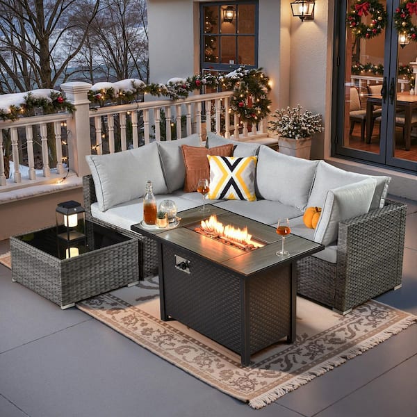 weaxty W Daffodil J Gray 6-Piece Wicker Patio Outdoor Conversation Sofa Set with Gas Fire Pit and Light Gray Cushions