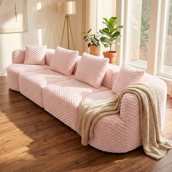 137.8 in. Velvet Modular Sectional Sofa, Boneless Sofa Couch Soft Plush Upholstered Couch in Pink