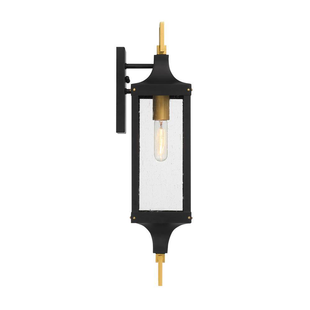 Matte Black and Brass Outdoor Lantern Sconce with Seeded Glass