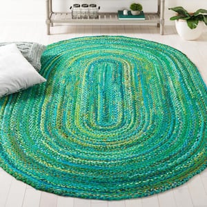 Braided Green Doormat 3 ft. x 5 ft. Solid Color Striped Oval Area Rug