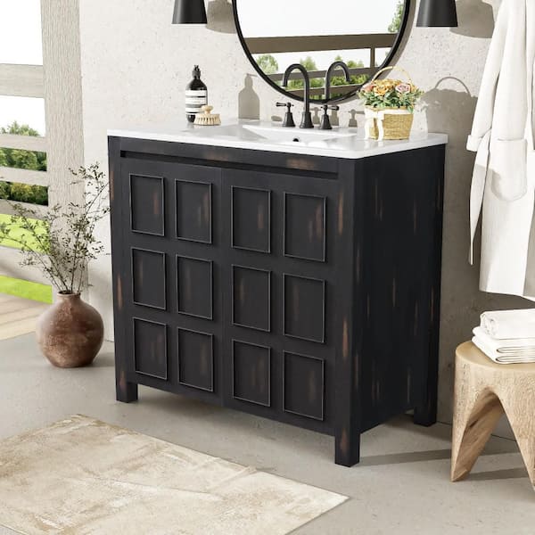 36 in. W x 18 in. D x 34 in. H Wood Frame Bath Vanity in Retro Espresso with White Ceramic Top and Cabinet