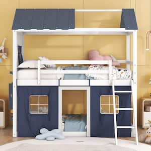 Blue Plus White Twin Size Bunk Wood House Bed with Elegant Windows, Sills and Tent