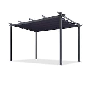 10 ft. x 13 ft. Dark Gray Aluminum Frame Pergola with Navy Blue Retractable Sun Shade Canopy and Extra Top Roof